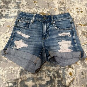 American Eagle Outfitters Distressed Rolled-Hem MIDI Denim Shorts